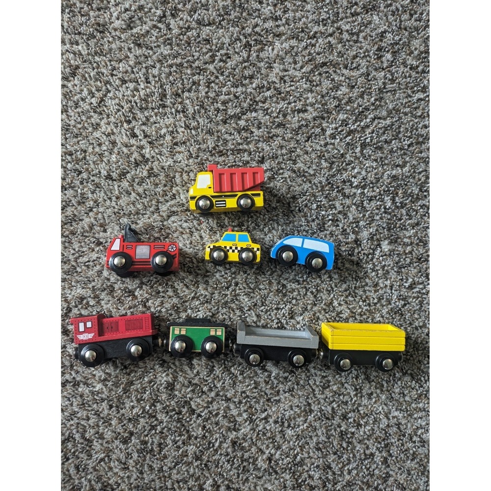Lot Of 4 Wooden Train Cars Magnetic Adapters + 4 Track Cars/Engine Etc